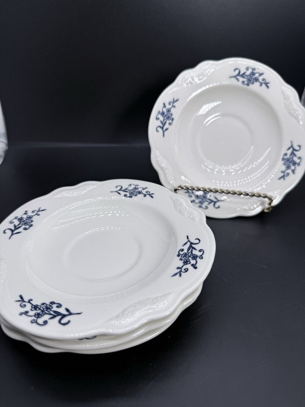 4 Vintage HOMER LAUGHLIN Dresden Imperial Blue & White Floral Saucer 6"